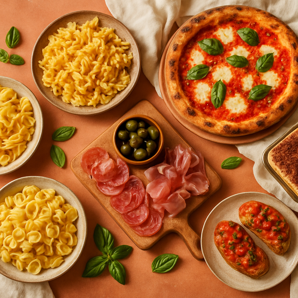 Overhead view of an authentic Italian food spread for a catering event, featuring handmade pasta, Neapolitan pizza, bruschetta, and antipasto