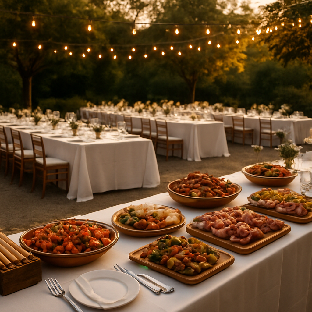 Elegant outdoor corporate event catering setup with long banquet tables under festoon lights and Italian food stations