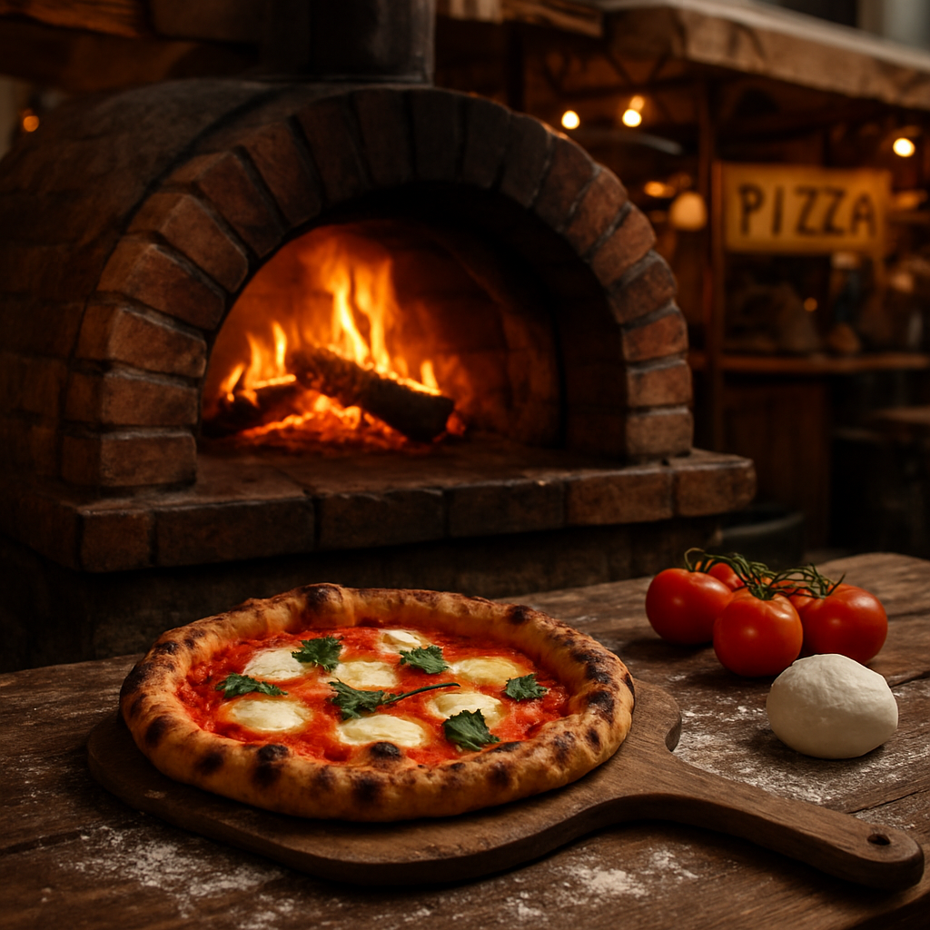 Rustic wood-fired pizza oven at an outdoor Italian street food market stall with charred Neapolitan pizza on a wooden peel