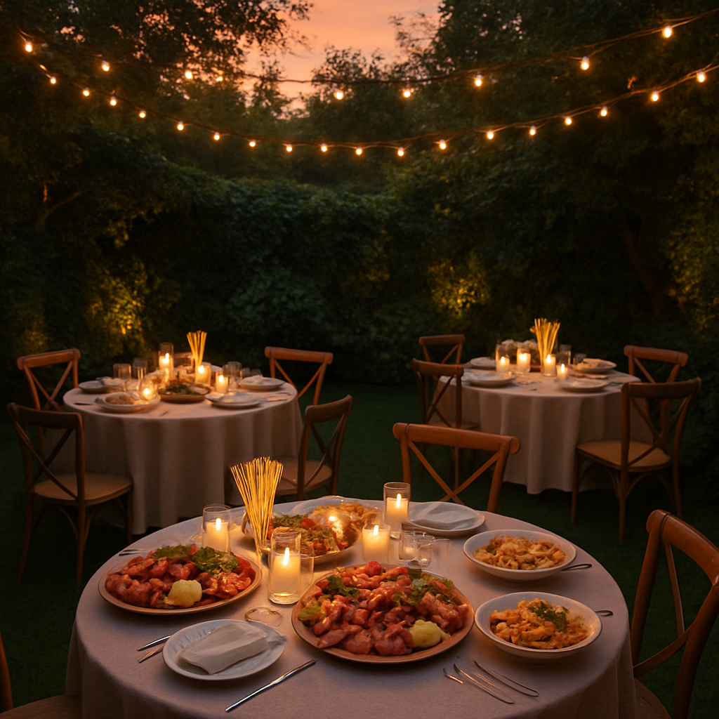 Intimate private party catering setup in a garden at sunset with fairy lights, candles, and Italian antipasto platters